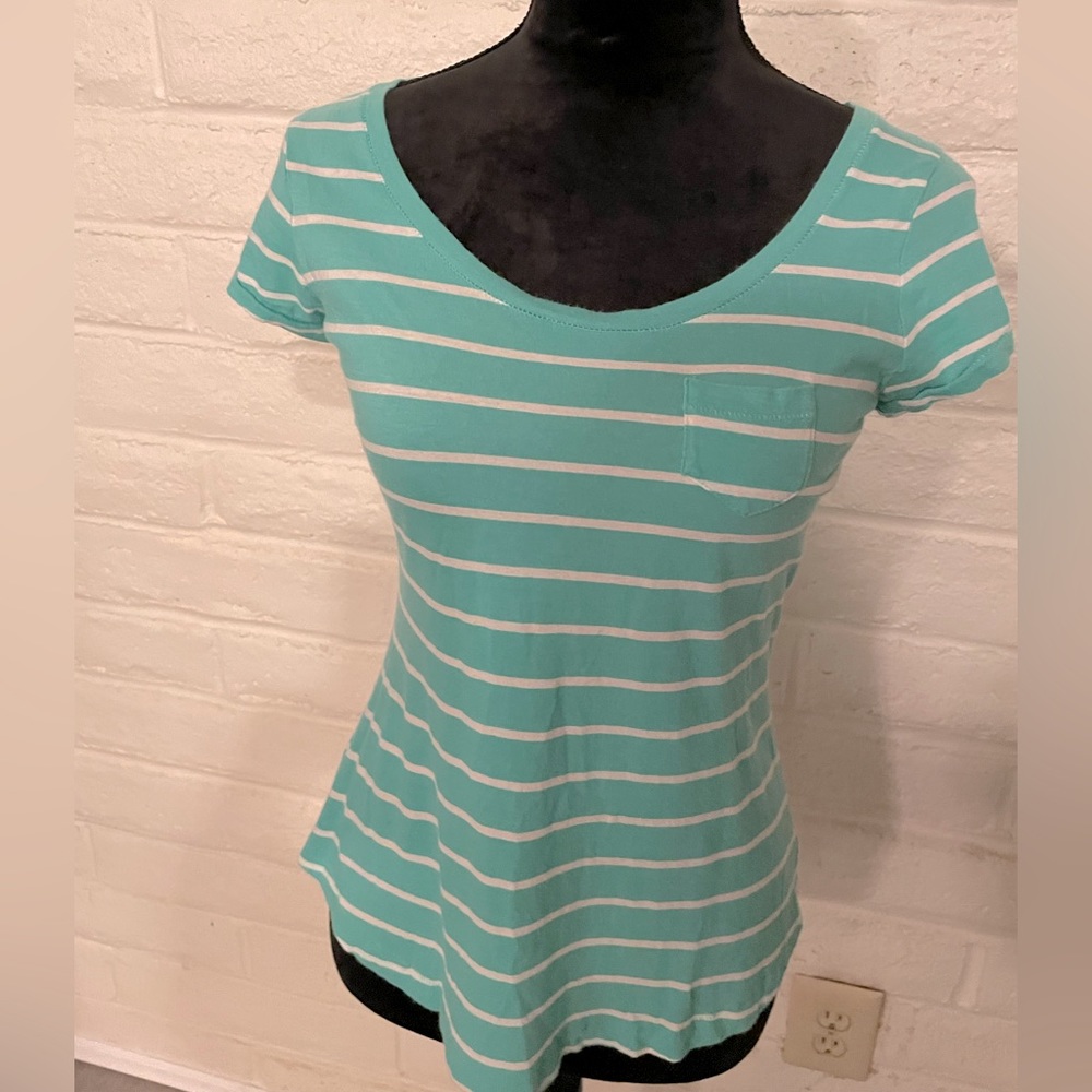 Express Turquoise and White Striped Scoop Neck Short Sleeved T-shirt, size S